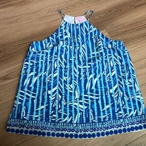 Lilly Pulitzer Silk Halter Leaf and Dot Samba Top Large – Blue Aqua Print